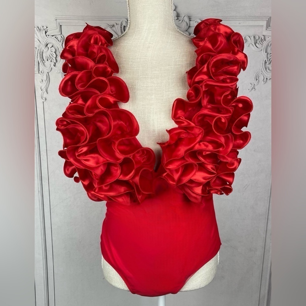 Ruby Red Luxury One Piece Swimsuit Set & Skirt Evening Gown Set - Picture 8 of 12